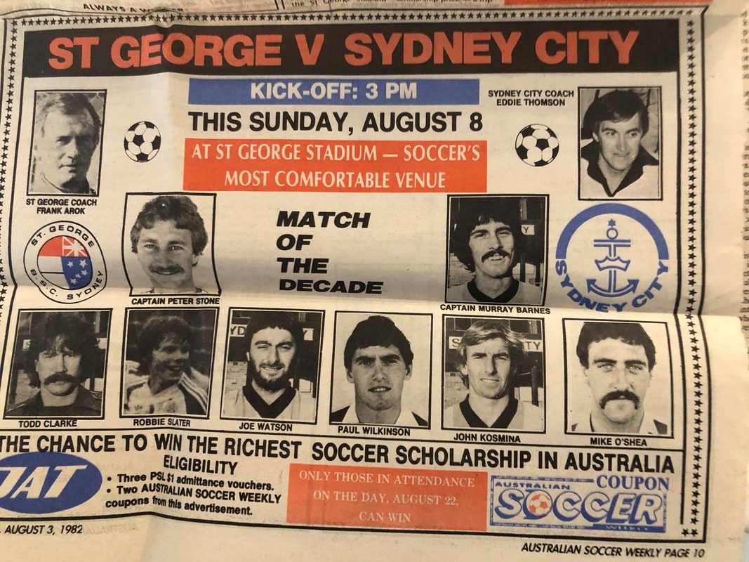 Australian Soccer Weekly poster for St George v Sydney City, August 1982, featuring captain Peter Stone